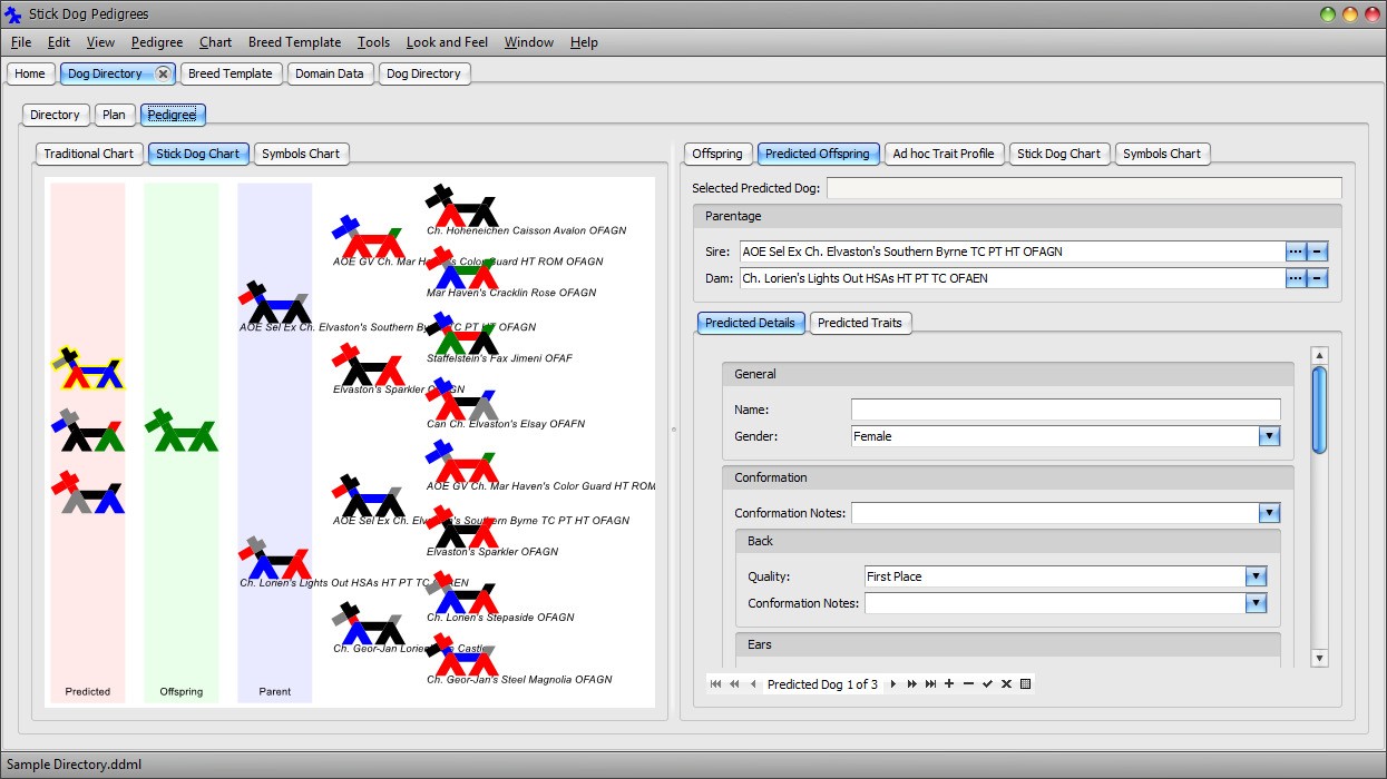 The Stickdog Pedigrees Program showing the Dog Directory form - Traditional Chart and Offspring panels