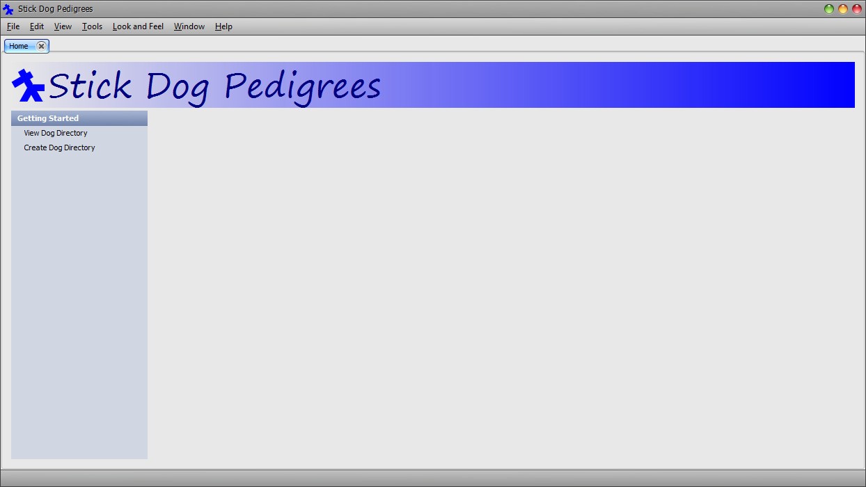The Stickdog Pedigrees Program showing the Home screen