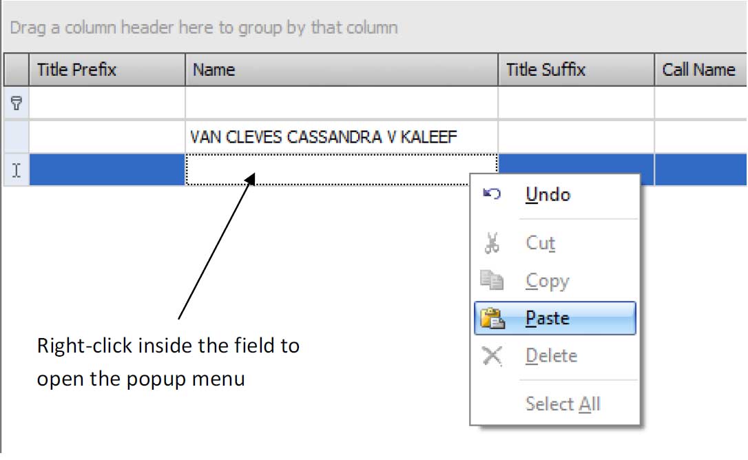 The Stickdog Pedigrees Program showing the Right Click and Paste Name into Grid Dialog Box