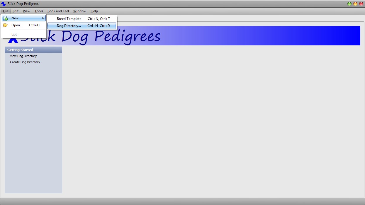 The Stickdog Pedigrees Program showing the creating a new dog directory document