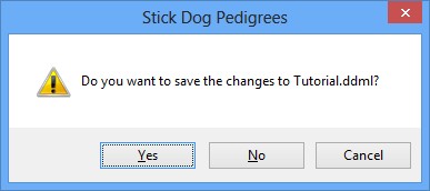 The Stickdog Pedigrees Program showing the Save Pending Changes Dialog Box